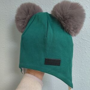 Green Kids Hat with Gray Pom Poms
